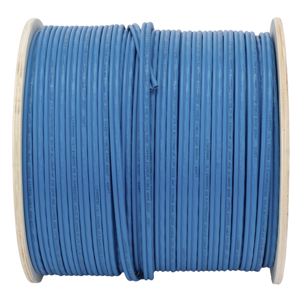 Bobina de Cable Siamés Cat6 UTP 100% Cobre + 2 Cables Gruesos (18 AWG) para Alimentar Cámaras Más Lejos / 152 Metros (500 Pies) / Instalación en