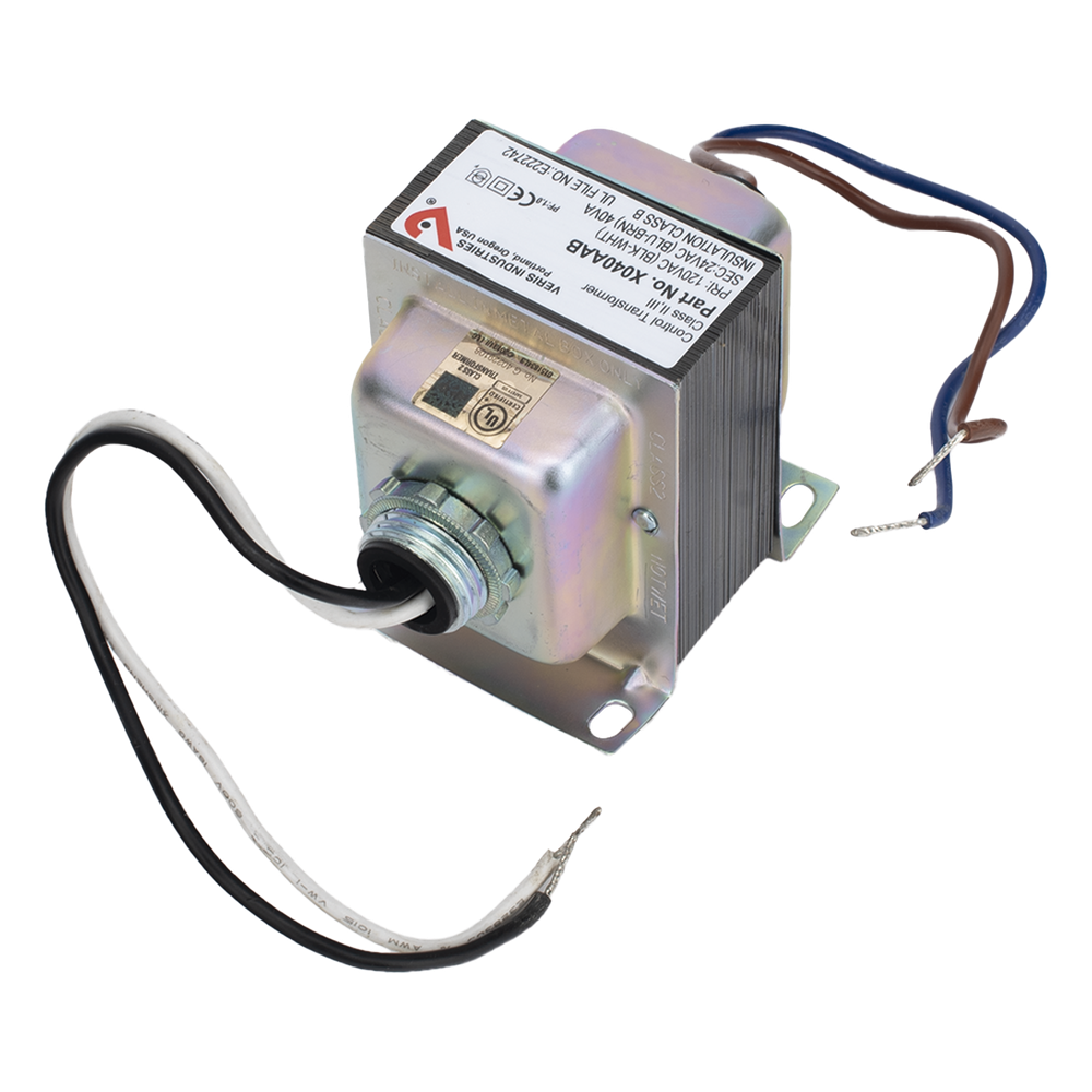 Transformador de Control / Primario 120 VCA / Secundario 24 VCA / 40 VA / Protección Inherente / Clase 2 / 2 Hubs Roscados y Base / UL y CE