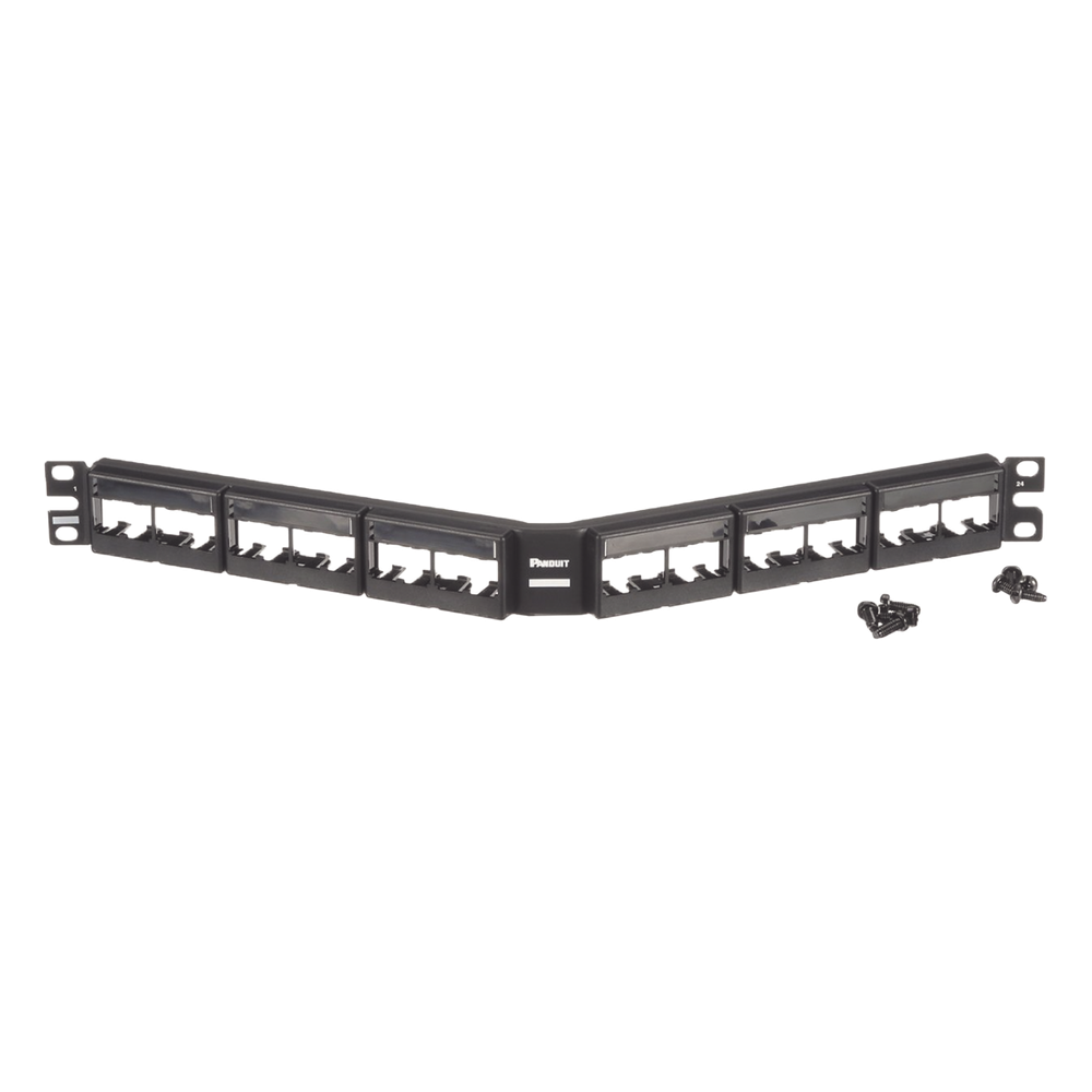 Panel de Parcheo Modular Mini-Com (Sin Conectores), Angulado, Sin Blindaje, Con Etiqueta y Cubierta, de 24 Puertos, 1UR