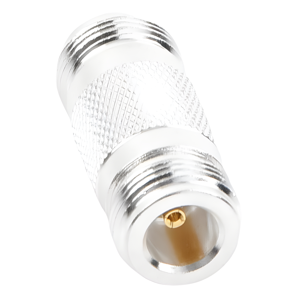Adaptador Barril en Linea para 50 Ohm, de Conector N Hembra a N Hembra, Plata/ Oro/ Teflón