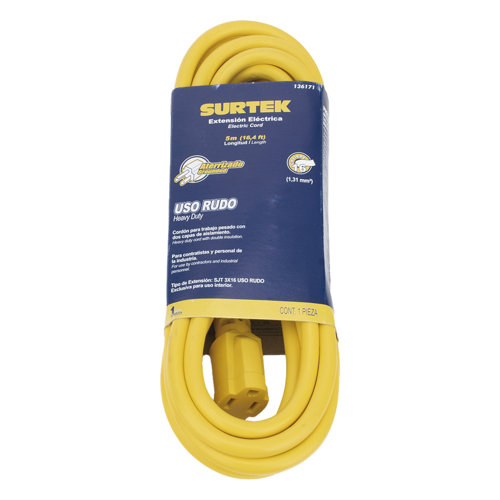 Extensión Eléctrica de Uso Rudo Aterrizada 5 metros /127 V CA 10 A Máximo / Color Amarillo.