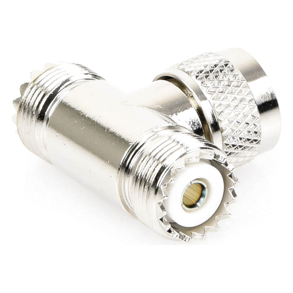 Adaptador en forma T, de Conector UHF Macho (PL-259) a Doble UHF Hembra (SO-239), Níquel/ Plata/ Delrin