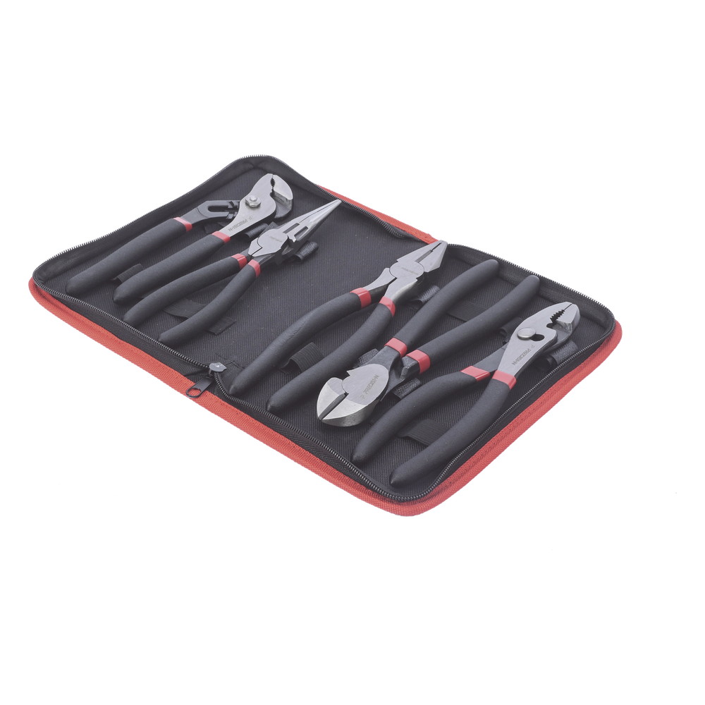Juego de 5 Pinzas de 8" con Estuche. Incluye: P. Mecánica, P. para Tubo, P. Eléctrica, P. Corte, Nariz Larga.