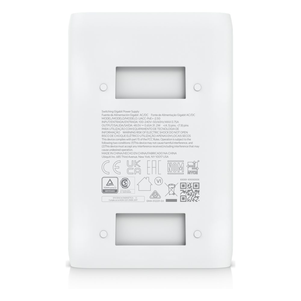 Adaptador PoE+ 2.5G / hasta 30 W / 48V 0.65A / (2) Puertos RJ45 MultiGigabit 2.5G / Salida PoE+ / LED Indicador / Ideal para APs UniFi WiFi 7