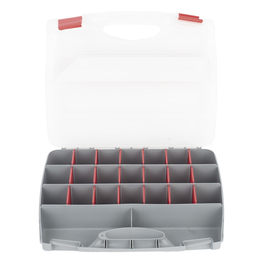 Caja Organizadora con 21 Divisiones Fabricada en Plástico de Alta Resistencia de 38x31x7 cm.