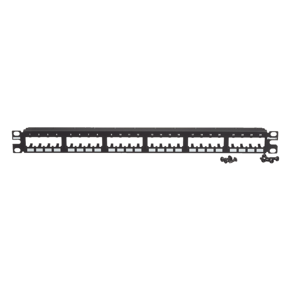 Panel de Parcheo Modular Mini-Com (Sin Conectores), Plano de Instalación al Ras, Sin Blindaje, de 24 Puertos, 1UR