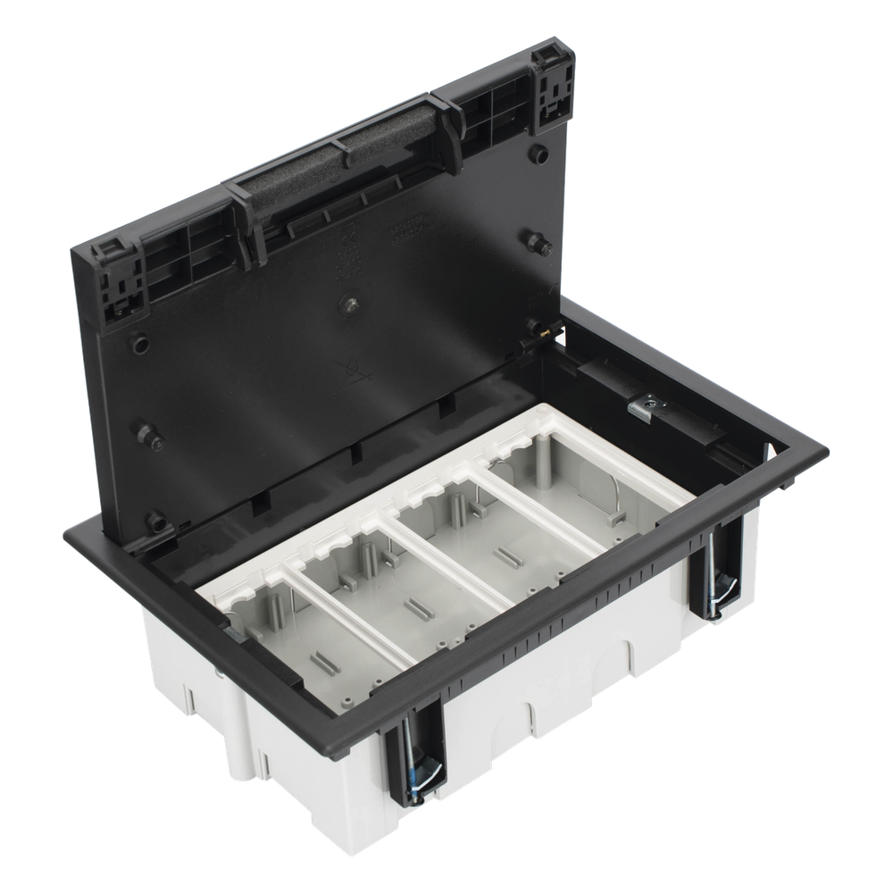 Caja Para Instalación en Pavimento para Voz, Datos o Contactos Eléctricos / Capacidad para 4 Módulos / Espacio Embellecedor en la Tapa / Profundidad
