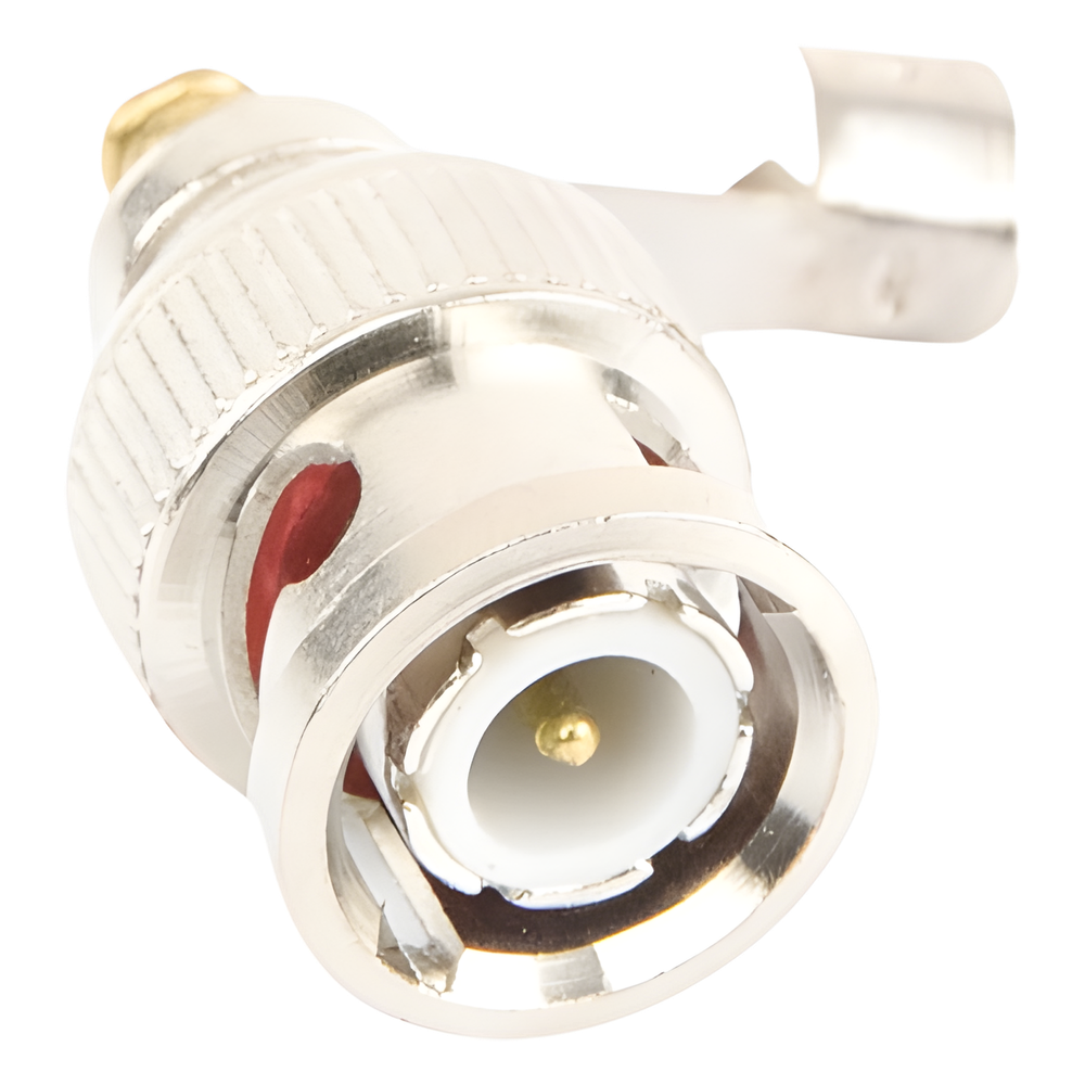 Conector BNC macho en 75 Ohm, para cable coaxial RG-59 / Con base de alivio negra de PVC, Níquel/ Oro/ PTFE