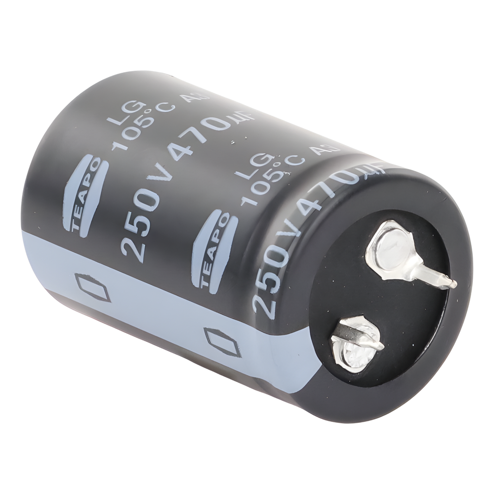 Capacitor Electrolítico de Aluminio, Radial de 470 µFd, 250 Vcc, 105 °C, 25 x 40 mm