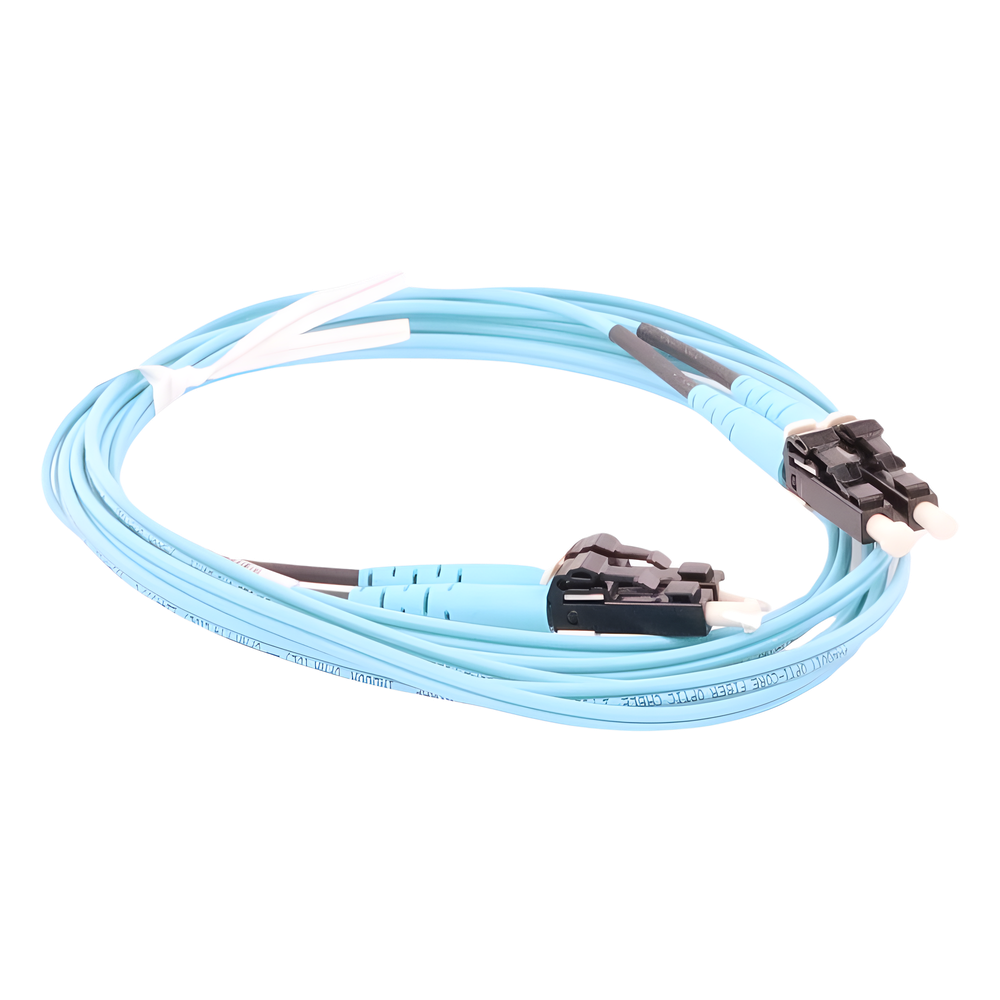 Jumper de Fibra Optica Multimodo 50/125 OM3, LC-LC Duplex, OFNR (Riser), Color Aqua, 2 Metros (6.56 Pies)