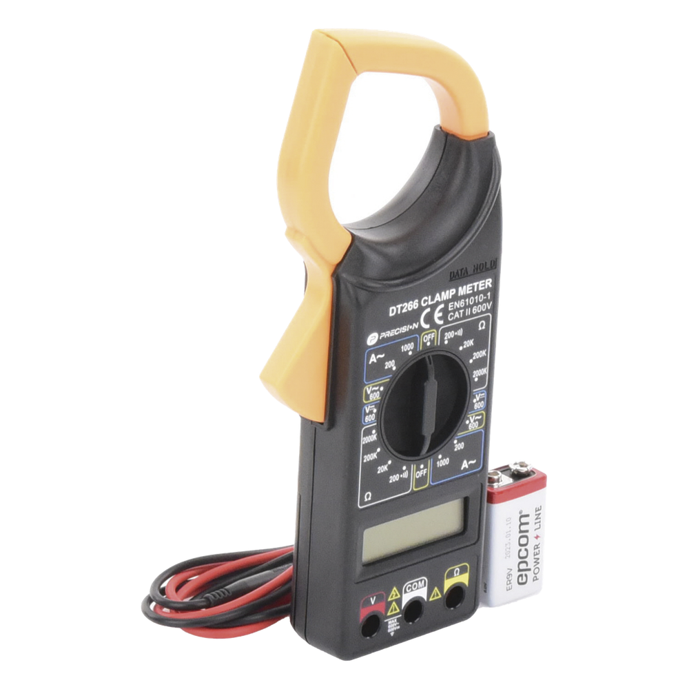 Multímetro Digital de Gancho DT266 600 Vcc / Vca CATII. Con pantalla LCD. Incluye Batería ER-9V de 9V