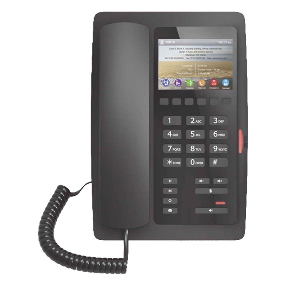 Teléfono IP Hotelero / Pantalla LCD Color 3.5" / 2 Líneas SIP / 6 Teclas Programables Hotline / Puerto USB Carga / PoE 802.3af / Personalizable con