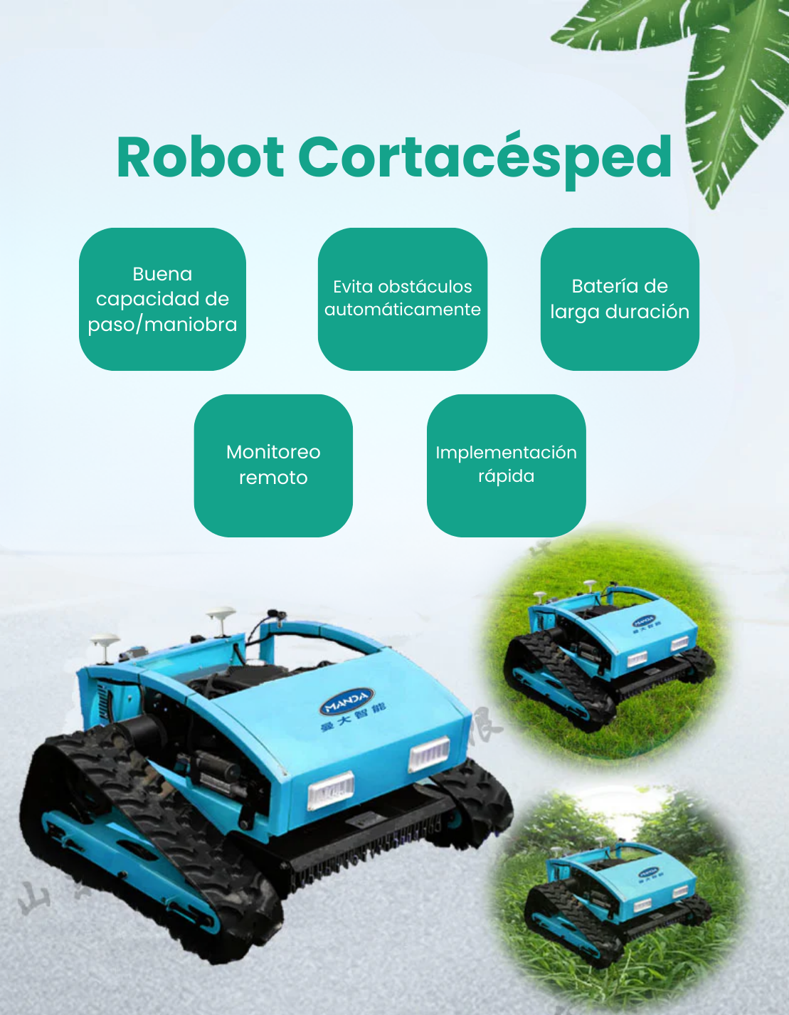 Cortadora de césped con control remoto sobre orugas, robot cortacésped de huerto híbrido de gasolina-aceite-eléctrico Máquina desmalezadora multifuncional