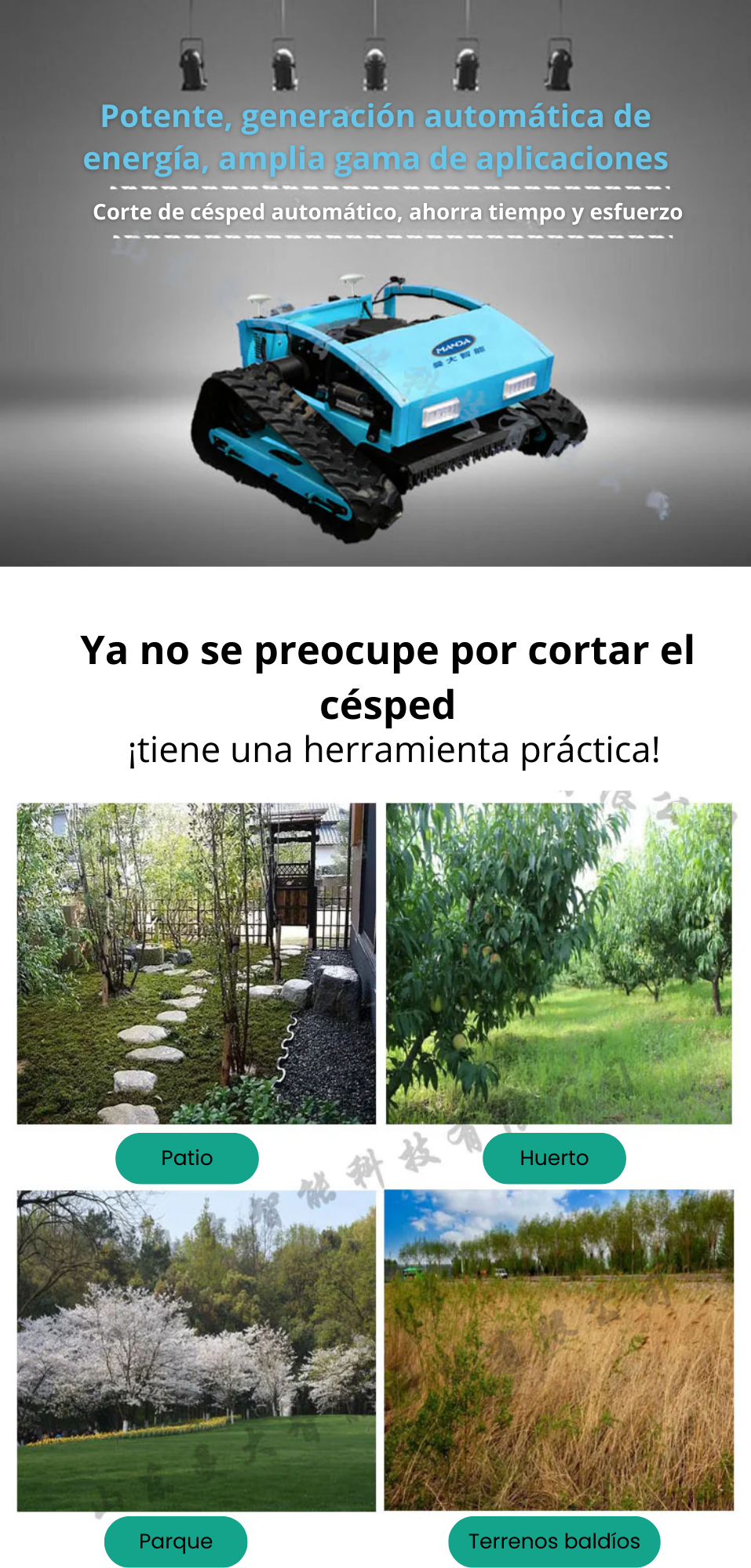 Cortadora de césped con control remoto sobre orugas, robot cortacésped de huerto híbrido de gasolina-aceite-eléctrico Máquina desmalezadora multifuncional