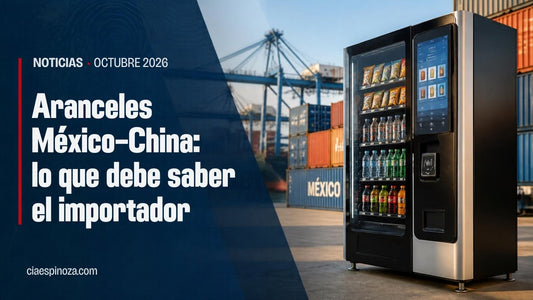 Aranceles México–China: máquina expendedora inteligente en un puerto de contenedores