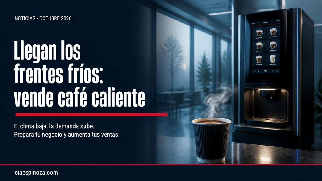 Máquina expendedora de café con vaso humeante en temporada de frentes fríos, octubre 2026