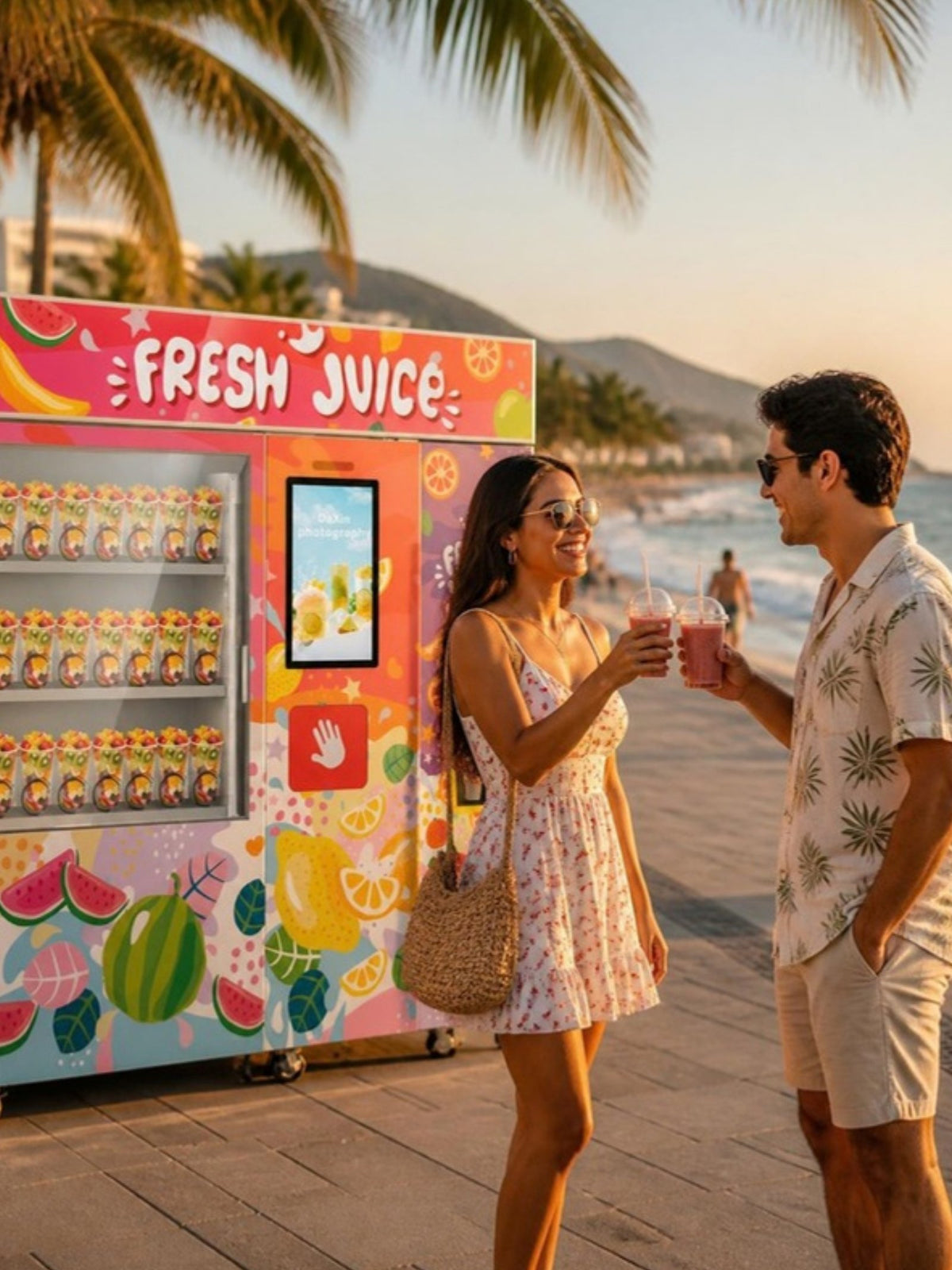 Máquina expendedora de smoothies en el malecón de una playa, pareja brindando con sus batidos