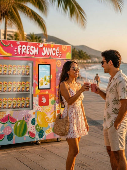 Máquina expendedora de smoothies en el malecón de una playa, pareja brindando con sus batidos