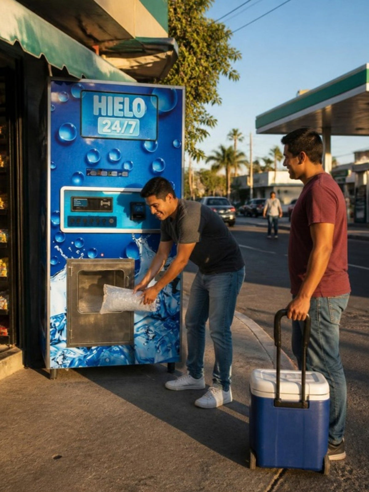 Máquina expendedora de hielo en bolsa 450 kg/día instalada en una esquina de barrio, cliente comprando hielo