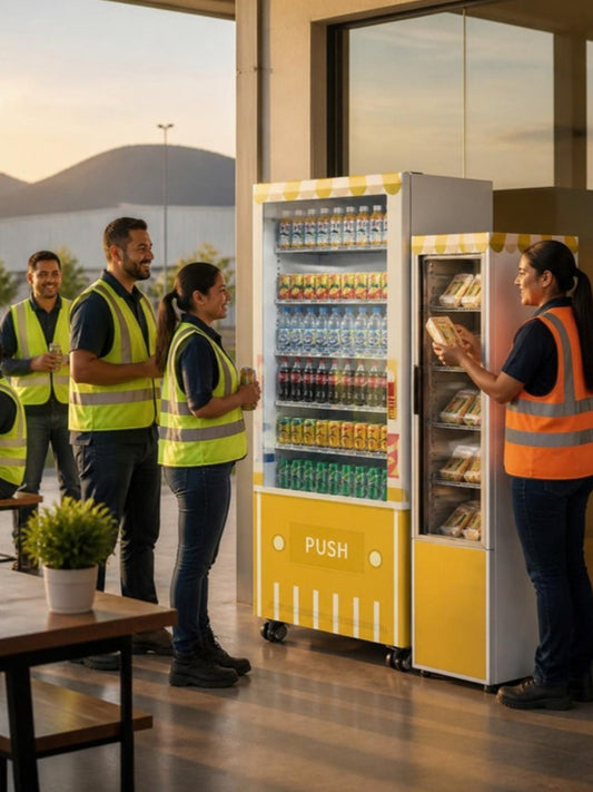 Máquina expendedora de snacks con gabinete adicional en el área de descanso de una planta industrial, trabajadores comprando en su descanso