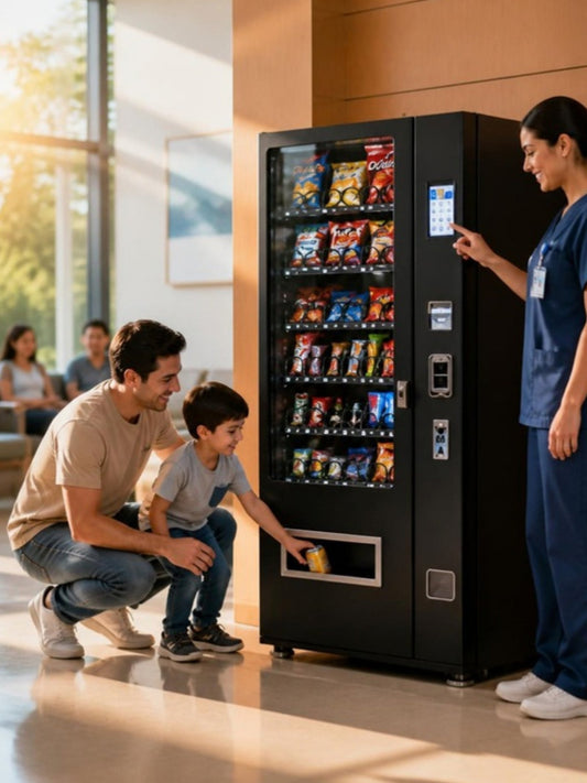 Máquina expendedora de snacks con pantalla táctil en la sala de espera de un hospital, enfermera y padre con su hijo comprando