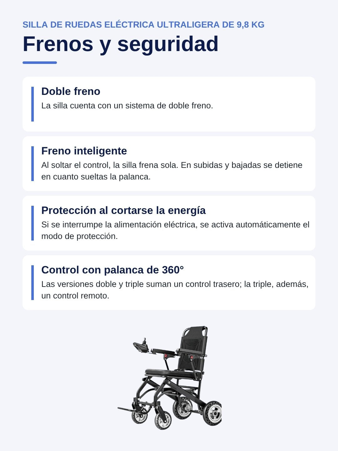 Ficha en español: frenos y seguridad de la silla de ruedas eléctrica ultraligera de 9,8 kg