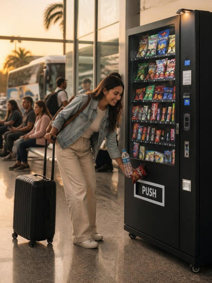 Máquina expendedora de snacks en una terminal de autobuses, viajera comprando papitas y agua antes de su viaje