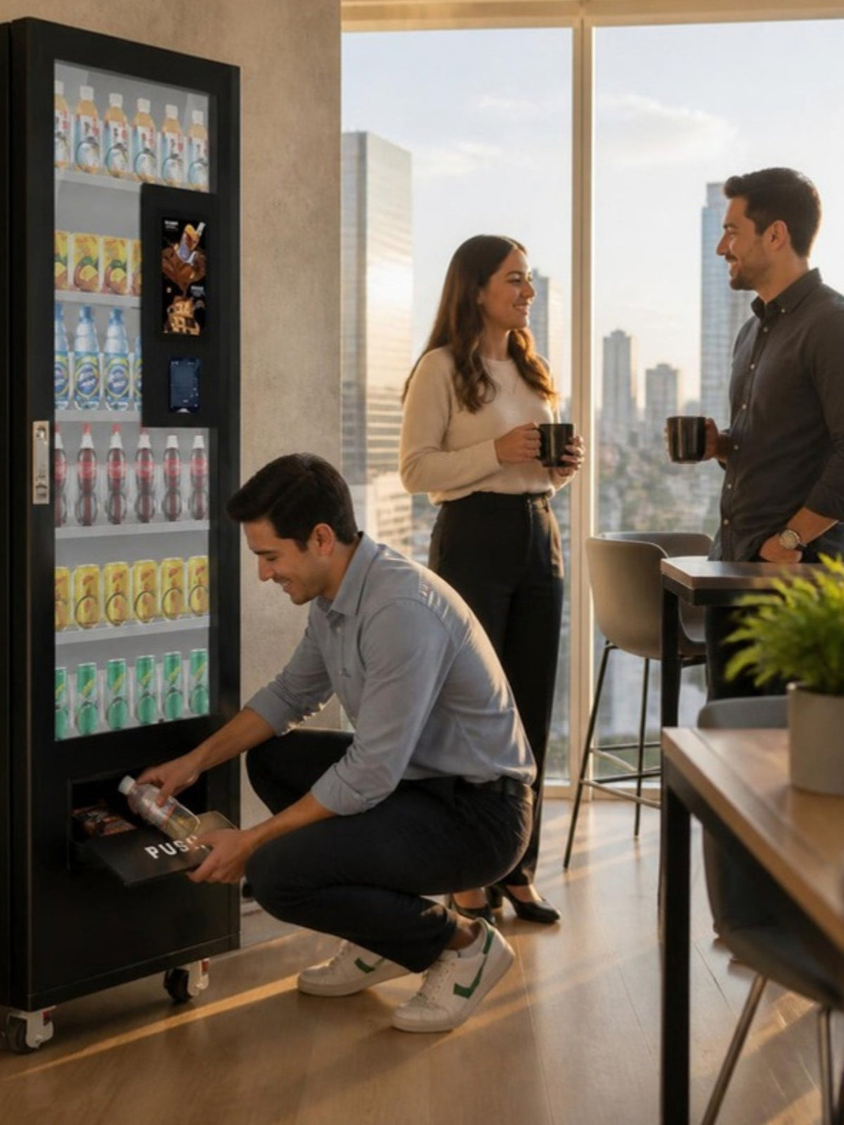 Máquina expendedora de snacks y bebidas en el comedor de una oficina, empleado tomando una bebida mientras sus colegas conversan
