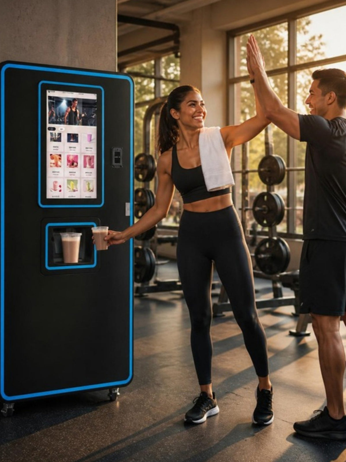 Máquina expendedora de bebidas de proteína en un gimnasio, mujer tomando su batido después de entrenar