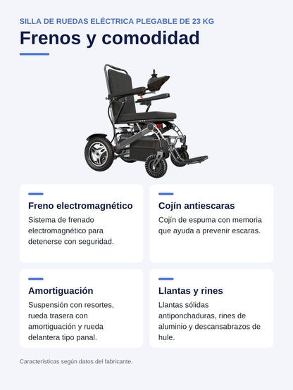 Ficha en español: frenos y comodidad de la silla de ruedas eléctrica plegable de 23 kg