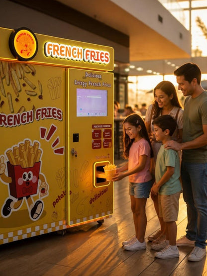 Máquina automática de papas fritas en la zona de juegos de un centro comercial, familia recibiendo papas recién hechas