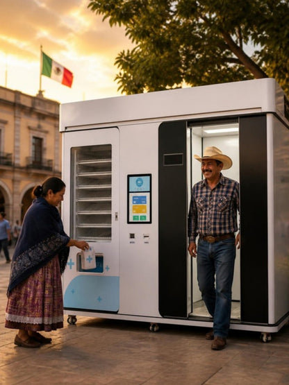 Sala de consulta inteligente en la plaza de un pueblo de Oaxaca, señor saliendo de su consulta mientras su esposa recoge el medicamento