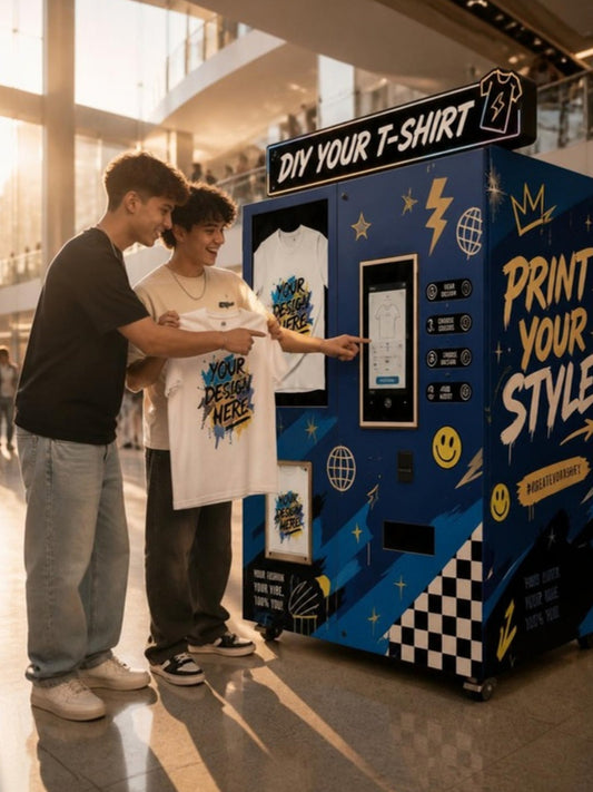 Quiosco de impresión de camisetas con IA en un centro comercial, dos jóvenes mostrando su playera recién impresa