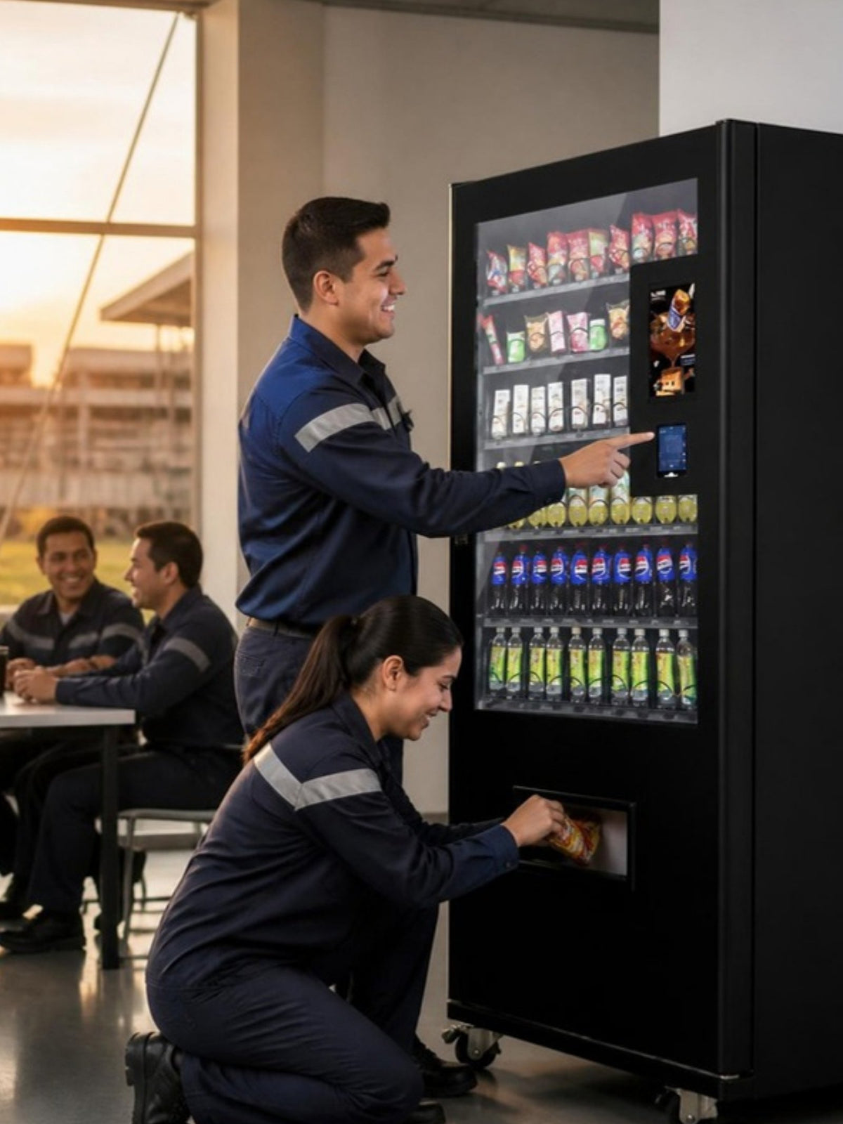 Máquina expendedora táctil con vitrina en el comedor de una planta manufacturera, trabajadores comprando bebidas y snacks en su descanso