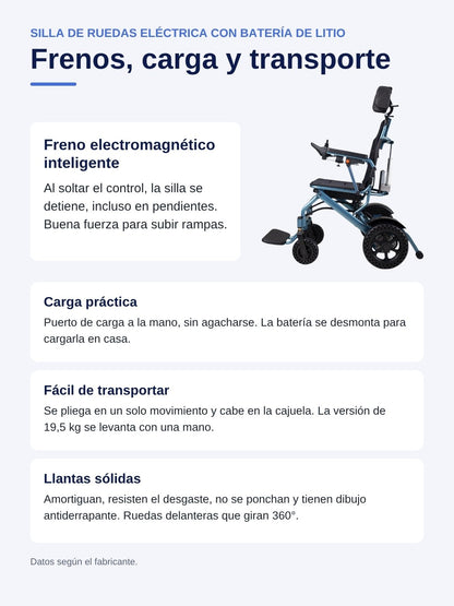 Ficha en español: frenos, carga y transporte de la silla de ruedas eléctrica plegable con batería de litio