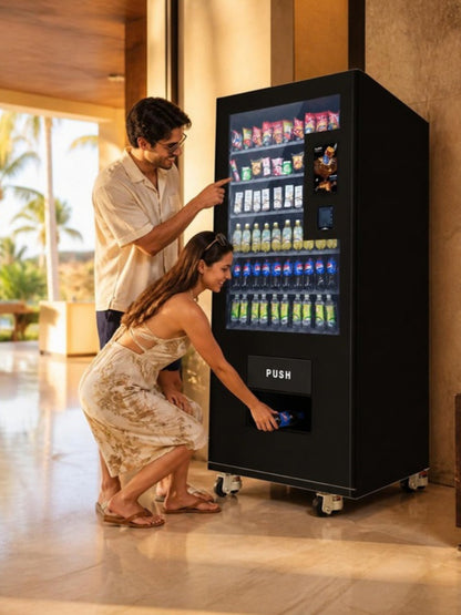 Máquina expendedora táctil con vitrina en el lobby de un hotel en Cancún, pareja de huéspedes comprando bebidas frías