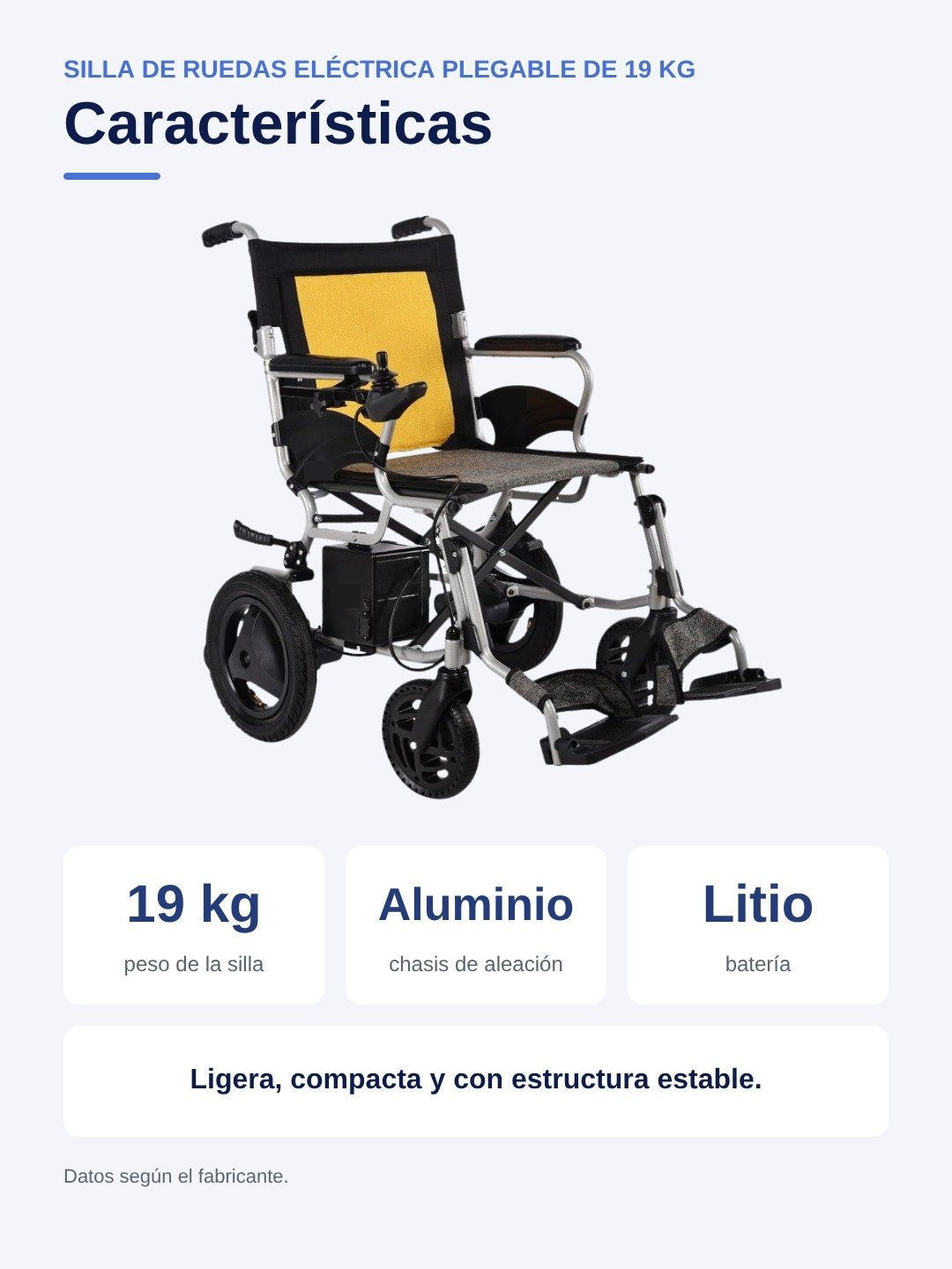 Ficha en español: características de la silla de ruedas eléctrica D3-A de 19 kg con batería de litio