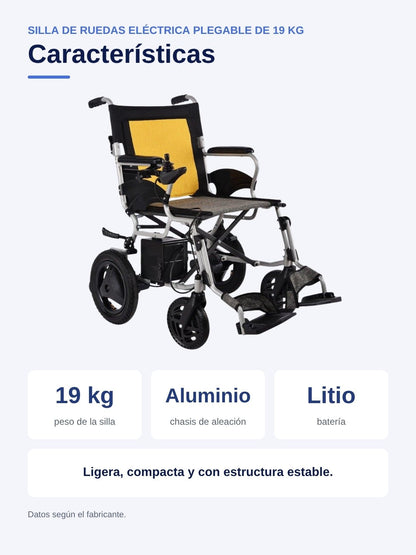 Ficha en español: características de la silla de ruedas eléctrica D3-A de 19 kg con batería de litio