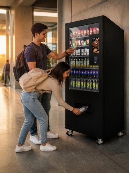 Máquina expendedora de snacks y bebidas con vitrina en una universidad, estudiantes eligiendo productos en la pantalla táctil