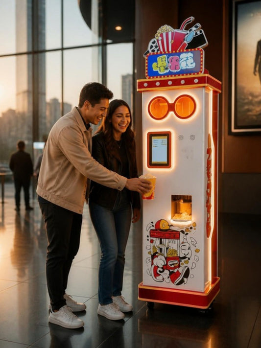 Máquina expendedora de palomitas en el lobby de un cine, pareja joven tomando palomitas recién hechas