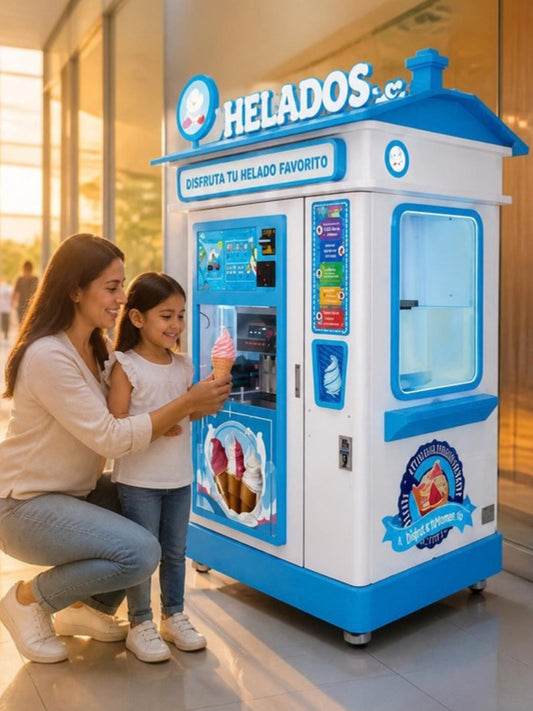 Máquina expendedora de helado suave en un centro comercial, madre e hija comprando un cono de helado