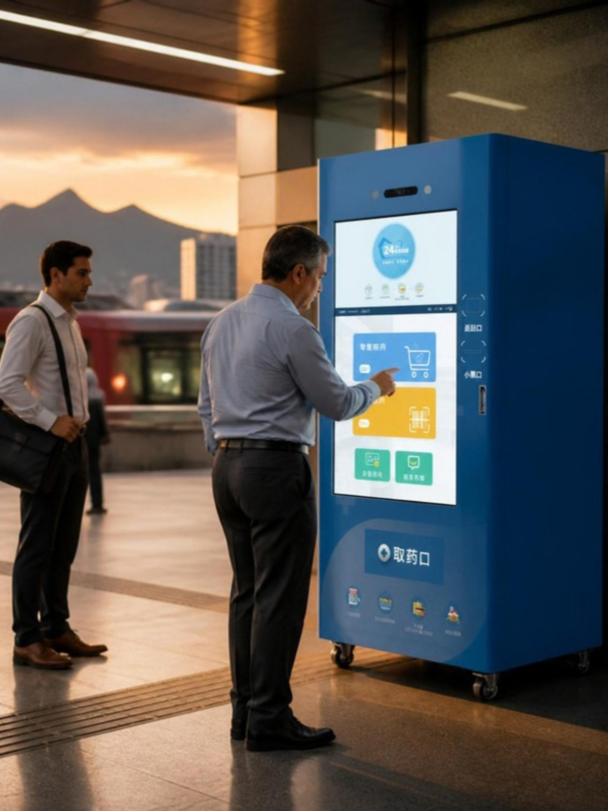 Máquina expendedora de medicamentos de pantalla grande en el vestíbulo de una estación del metro en Monterrey, pasajeros comprando medicamentos de regreso a casa