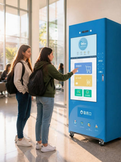 Máquina expendedora de medicamentos de pantalla grande en el centro de salud de un campus universitario en Guadalajara, estudiantes comprando un medicamento