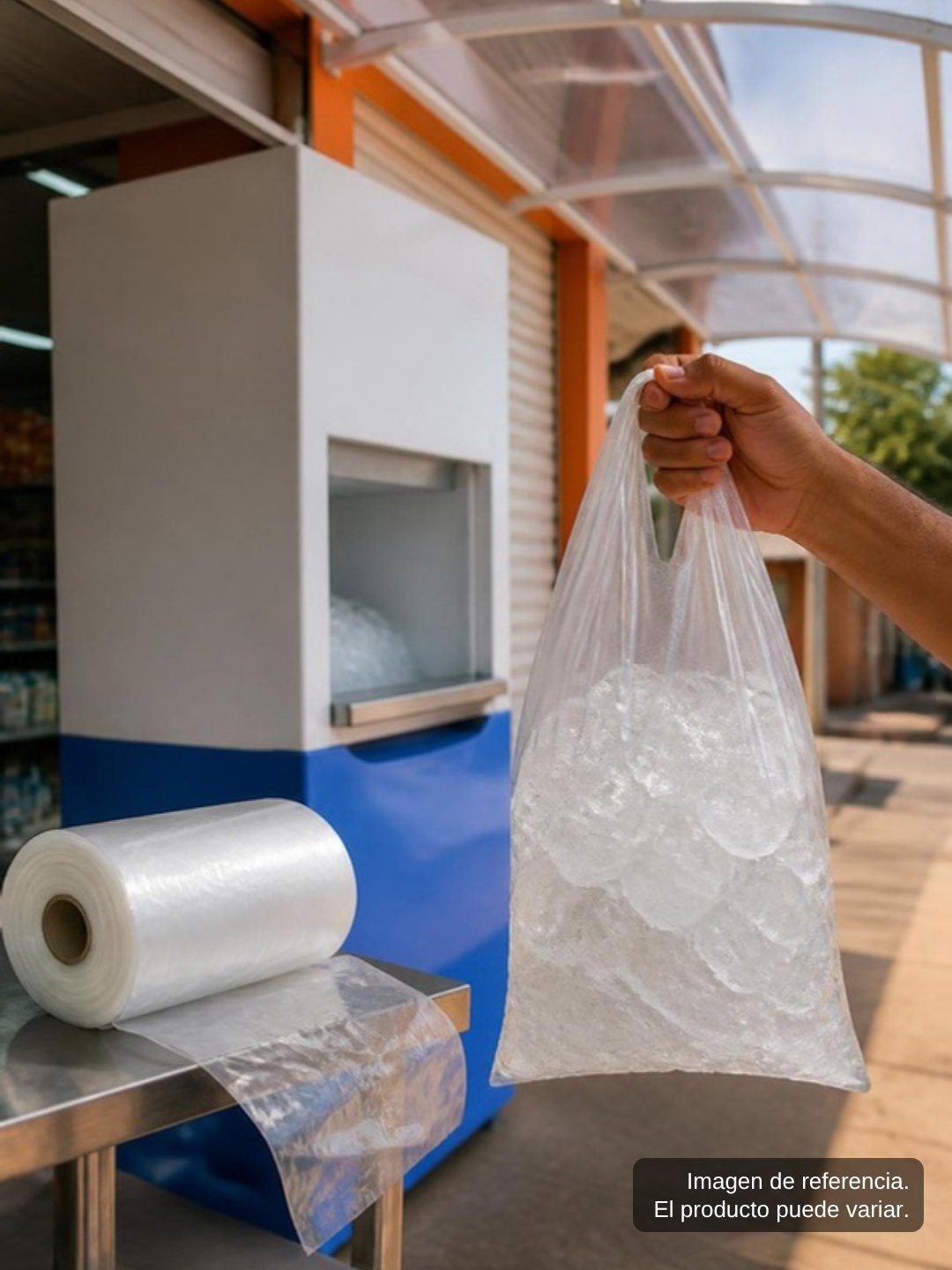 Rollo de 300 bolsas con agarradera de 2 kg para máquina expendedora de hielo de 140 kg