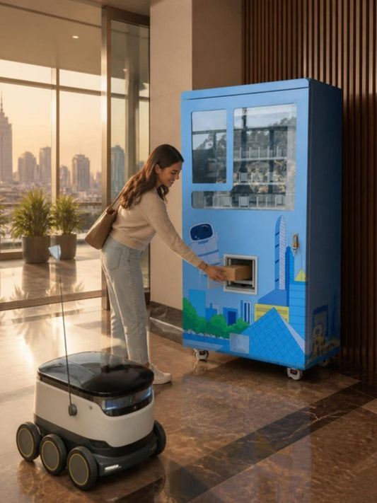 Máquina expendedora para robots repartidores en el lobby de una torre residencial, residente recogiendo su pedido junto a un robot de entrega