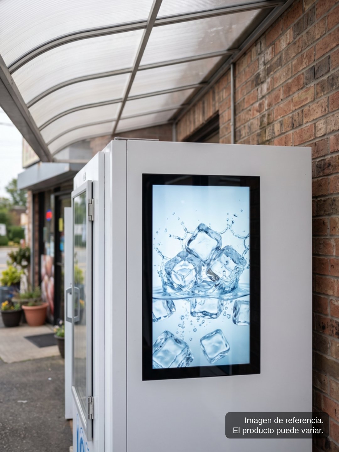 Pantalla de publicidad LCD de 18.5 pulgadas con imagen de hielo en el frente de una expendedora bajo toldo
