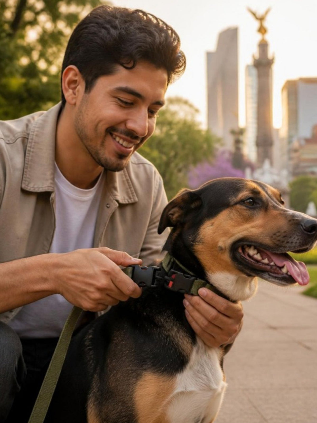 Hombre abrochando la hebilla de plástico en el collar de su perro en un parque de la Ciudad de México