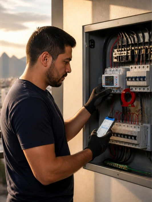 Electricista instalando el disyuntor inteligente WiFi con pantalla a color en un tablero de una casa nueva