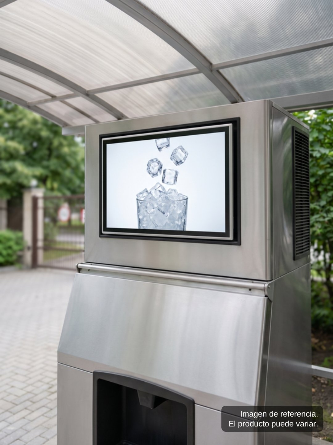 Pantalla de publicidad LCD de 26 pulgadas con imagen de hielo en la parte superior de una expendedora bajo toldo
