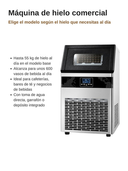Máquina de hielo comercial de acero inoxidable con pantalla digital, para cafeterías y negocios de bebidas